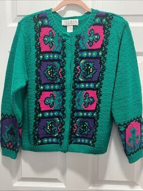 Michelle Stuart Teal Cardigan with Pink and Purple Panels
